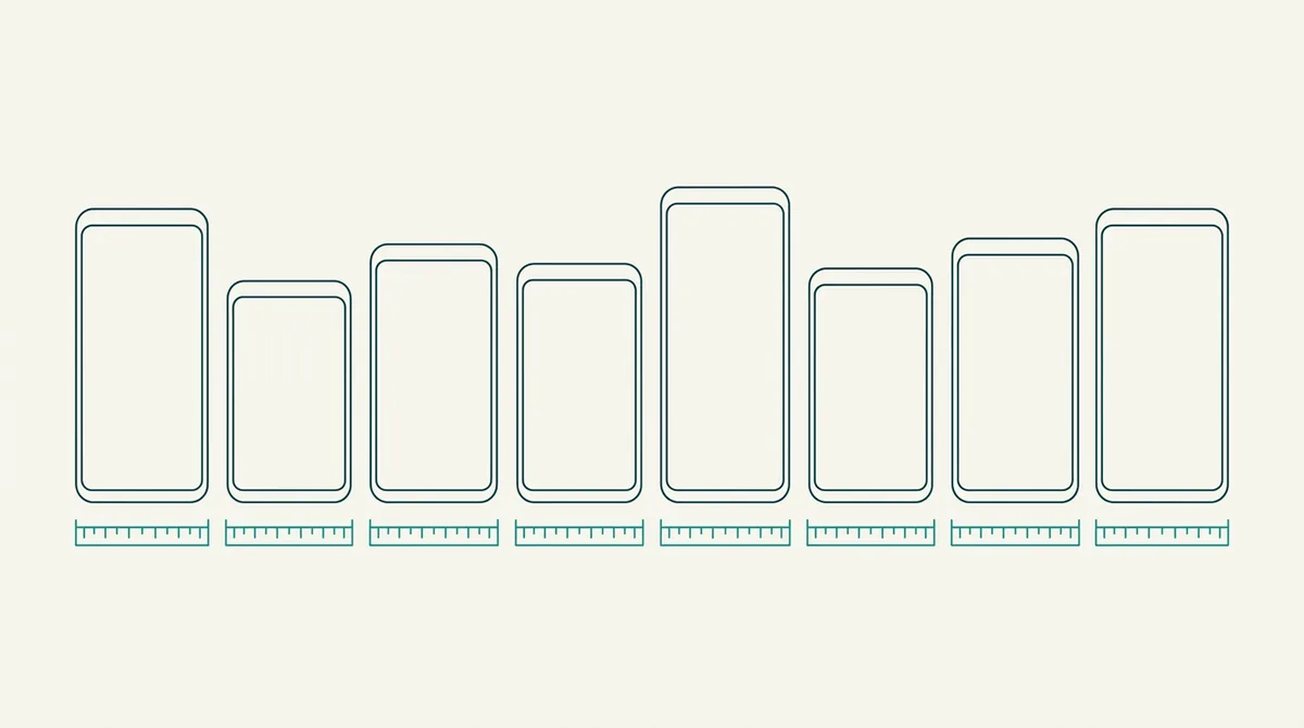 Several Android phone outlines of different heights lined up in a row with thin measurement bars under each one