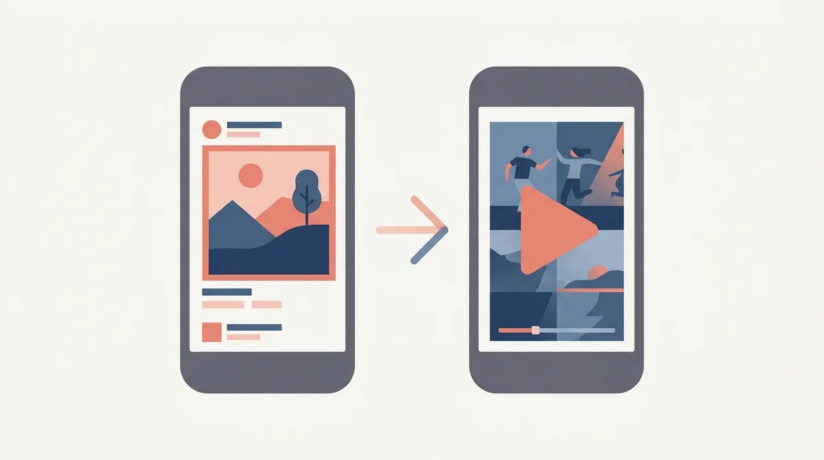 Two phone screens side by side, a static app screenshot on the left and a video with a play button on the right, joined by an arrow