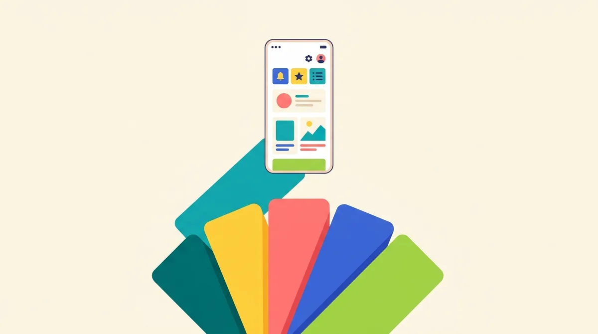 A phone screenshot sitting above a fanned out spread of coloured cards in teal, yellow, red, blue and green