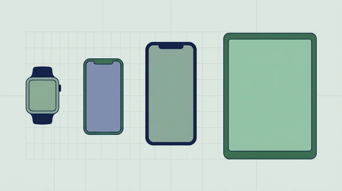 A smartwatch, two phones of different sizes and a tablet lined up on a grid background, drawn as flat outlines