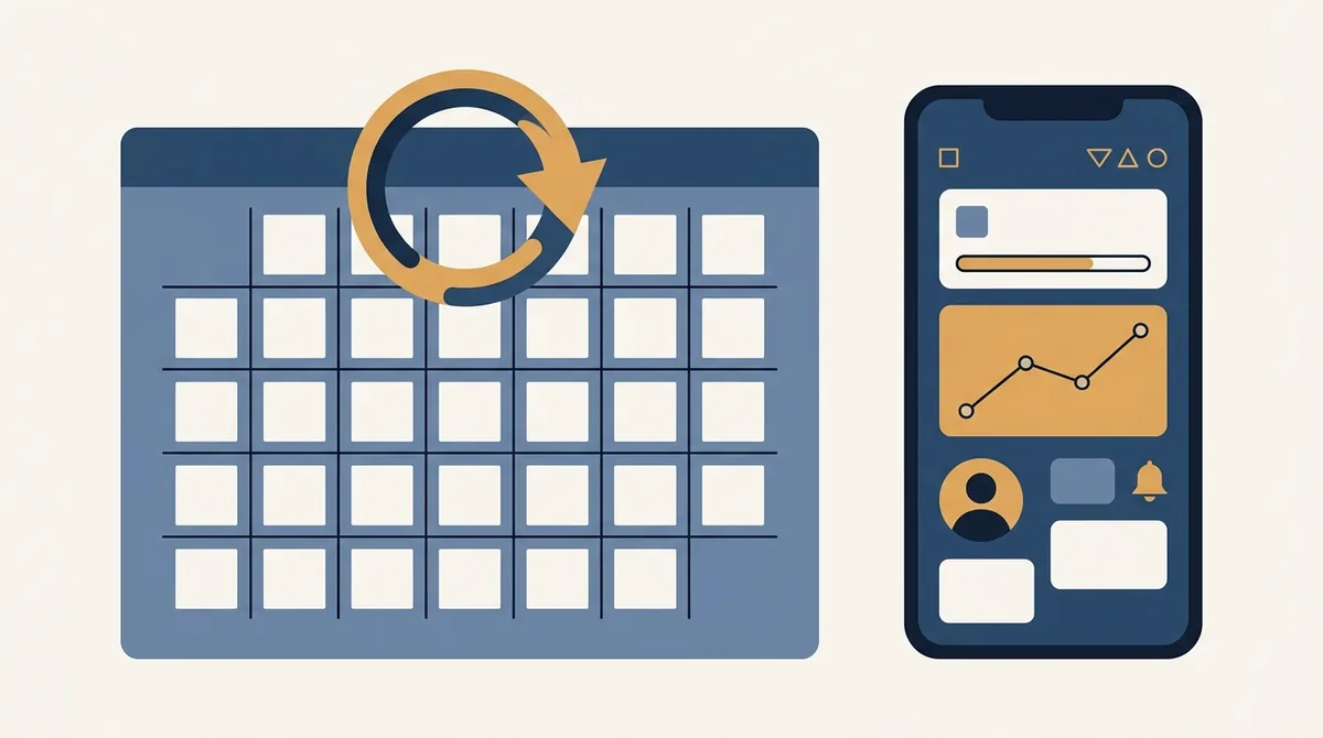 A wall calendar with a circular refresh arrow over it, beside a phone showing a rising chart