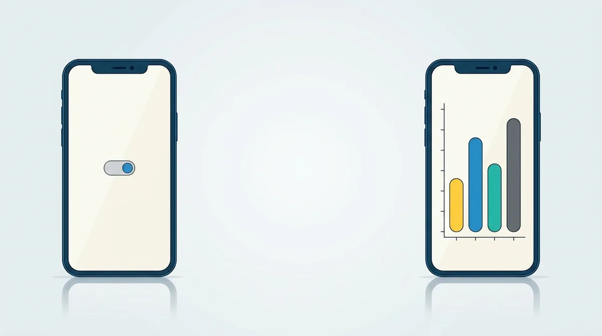 A nearly empty phone screen with one small toggle switch in the middle, beside a second phone showing a simple bar chart of results