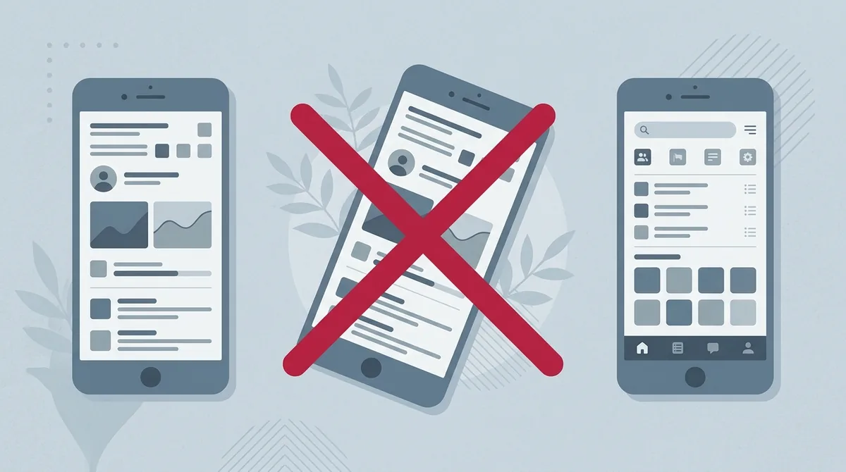 Three phone screenshots side by side with the middle one tilted and crossed out in red